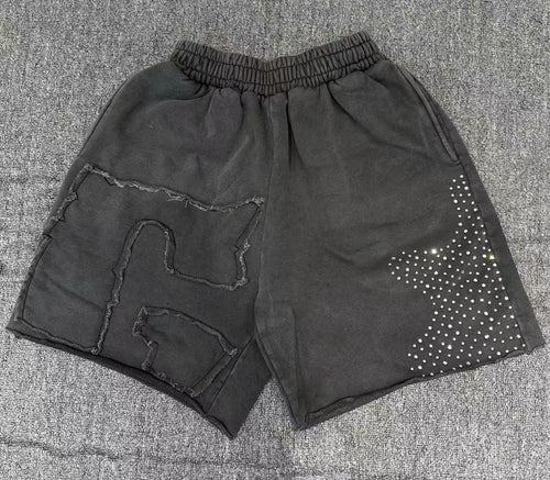 Billionaire Studios Vintage Wash Rhinestone Star Shorts - Washed Black