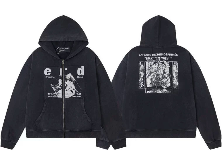 Enfants Riches Déprimés "e-r-d" Logo & Box Print Zip-Up Hoodie - Washed Black