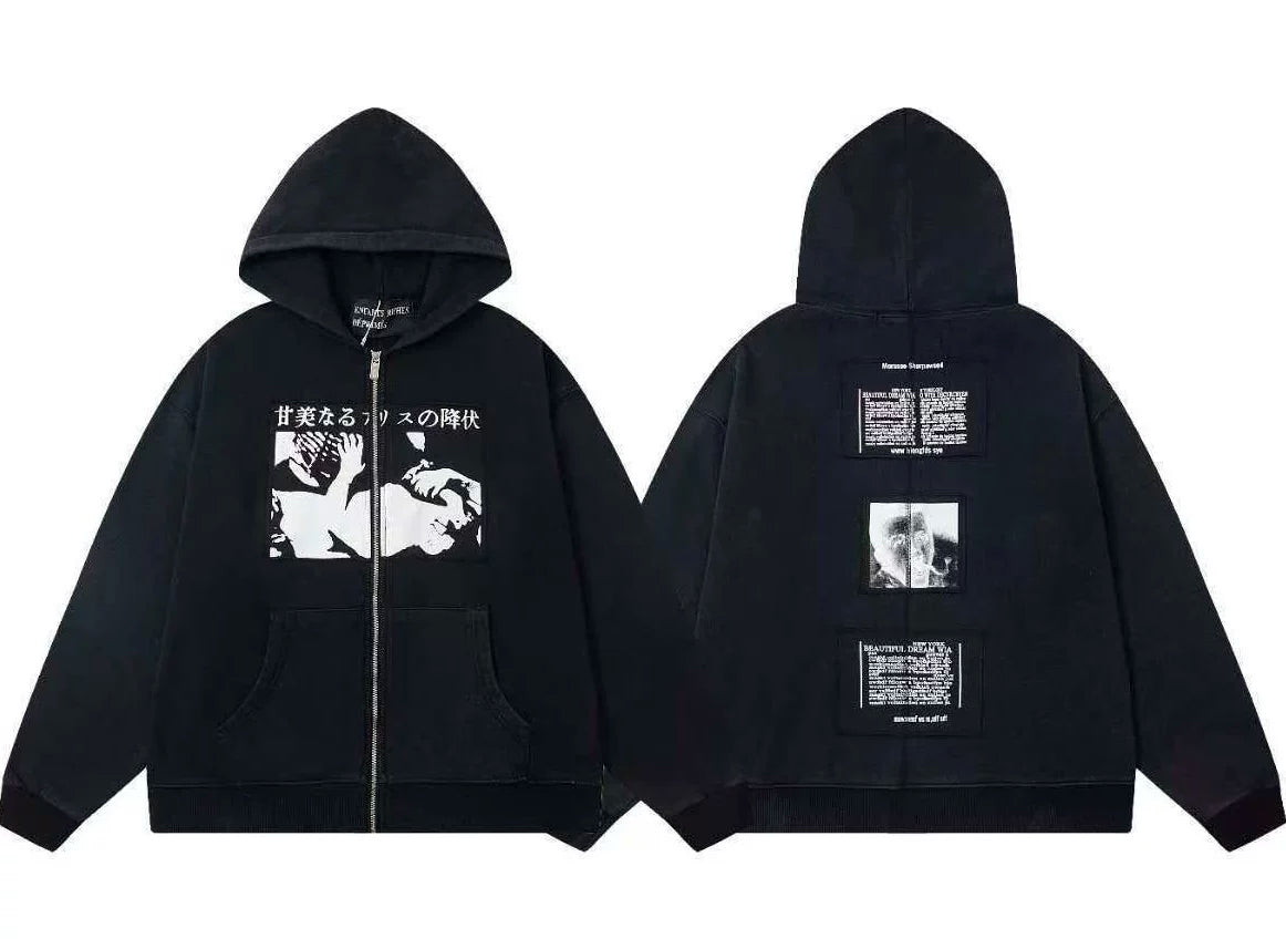 Enfants Riches Déprimés Horizontal Art & Grid Back Zip-Up Hoodie - Washed Black