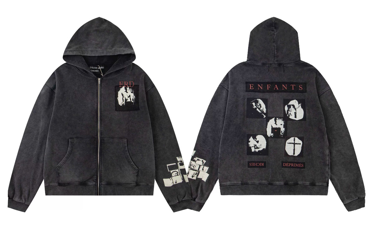 Enfants Riches Déprimés Multi-Panel Photo Zip-Up Hoodie - Washed Black