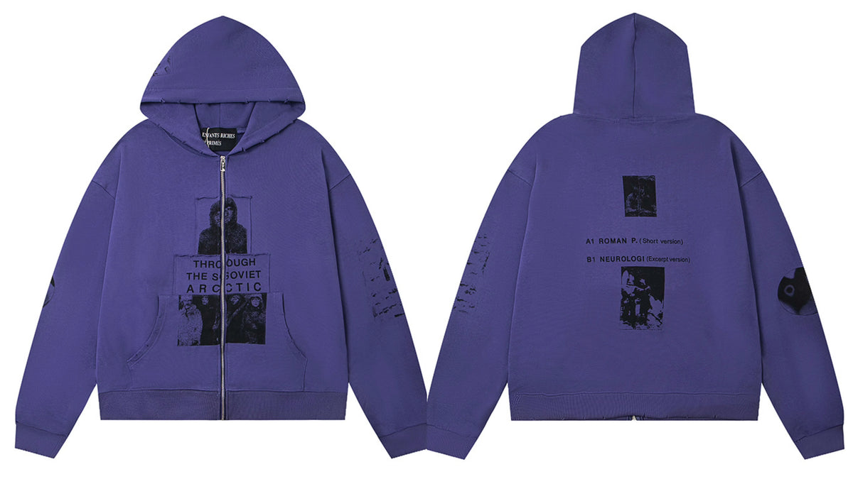 Enfants Riches Déprimés Purple Portrait & Text Zip-Up Hoodie - Purple