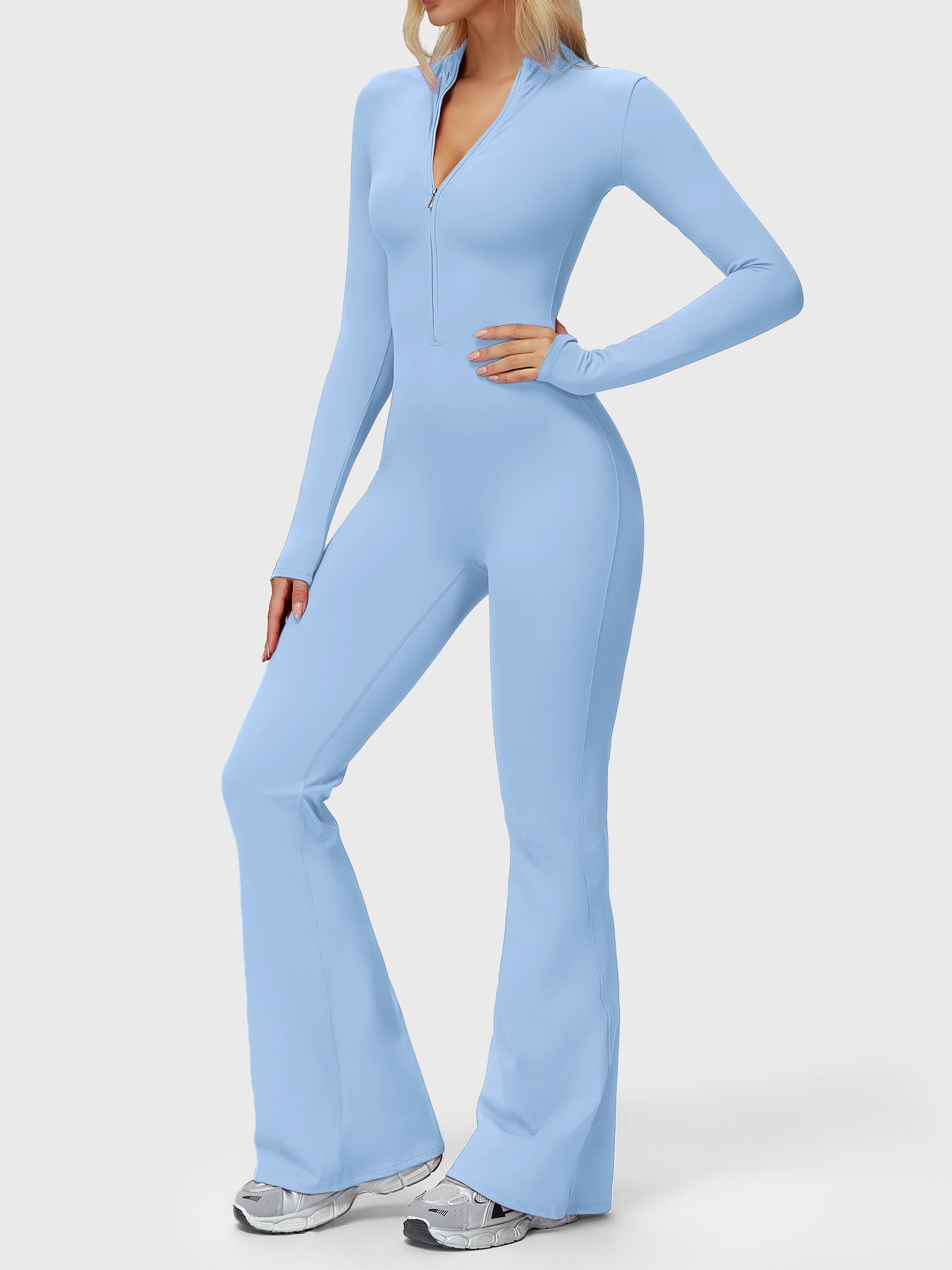 Yeoreo Belle Long Sleeve Zipper Flared Jumpsuit